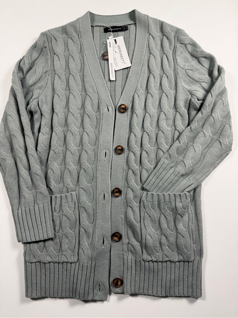 MEROKEETY Gray Cable Knit Grandpa Cardigan Sweater NWT L Pockets Fisherman Knit